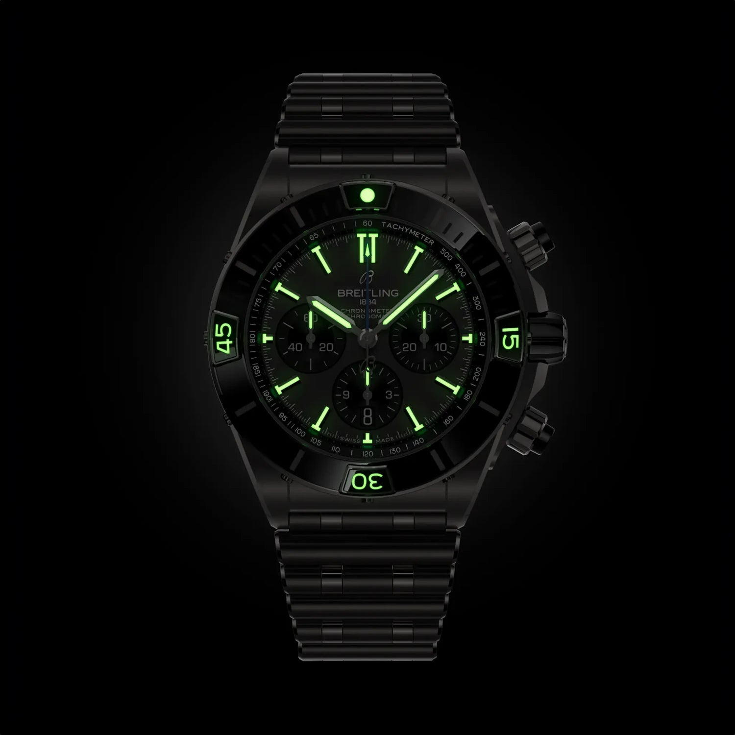 Breitling Super Chronomat B01 44 Titanium EB0136251M1E1 — lume shot